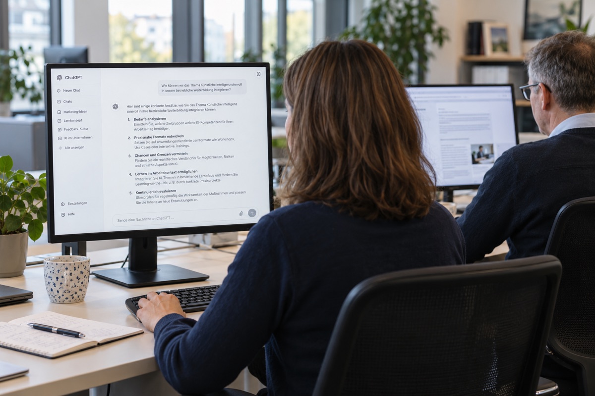 Deux personnes au bureau, au premier plan un écran avec un chat IA sur l'intégration de l'IA dans la formation en entreprise.