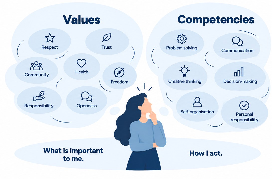 Illustration: values (What matters to me) and competencies (How I act) shown as separate concepts