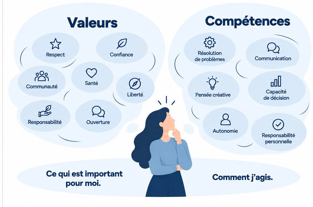 Illustration : valeurs (Ce qui est important pour moi) et compétences (Comment j'agis) représentées comme des concepts distincts