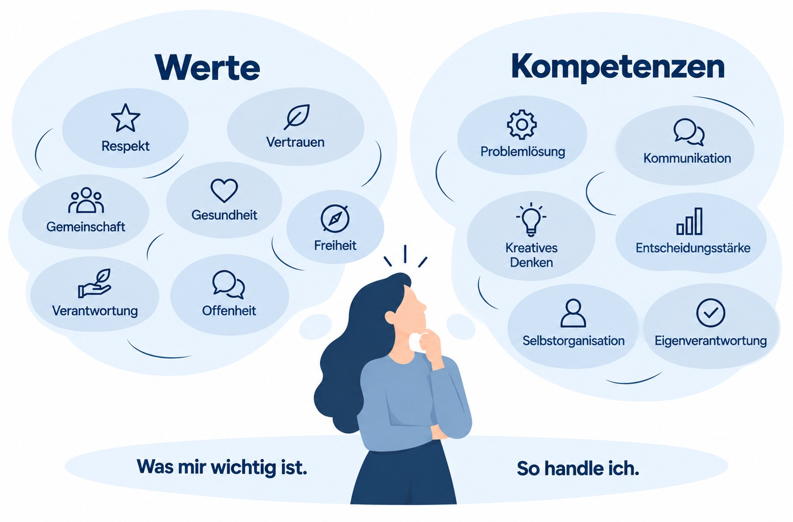 Illustration: Werte (Was mir wichtig ist) und Kompetenzen (So handle ich) als getrennte Konzepte dargestellt