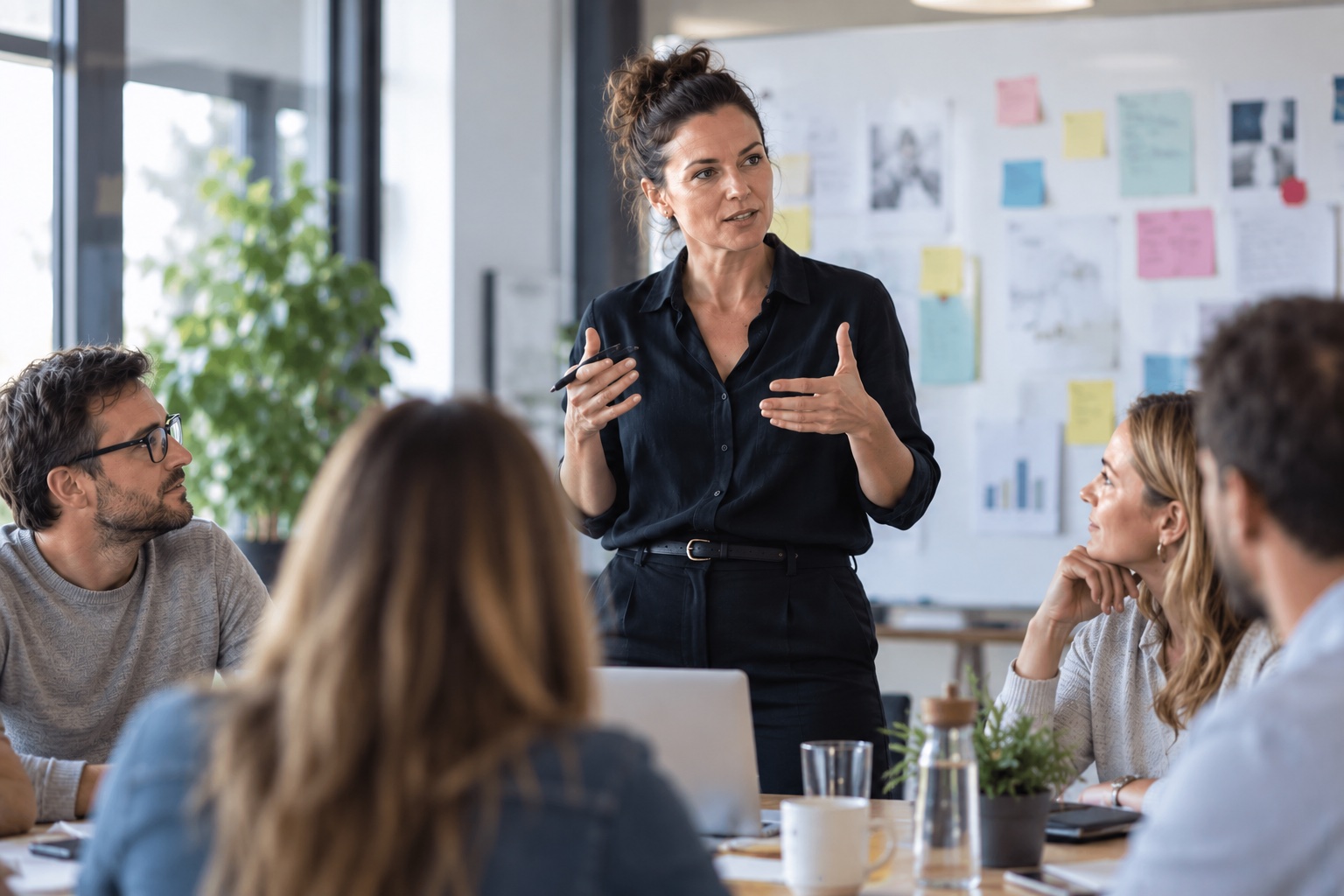 A team leader discusses a task with their team in a meeting room.