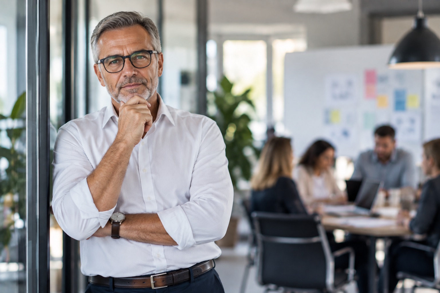 Un dirigeant devant son équipe dans un bureau moderne