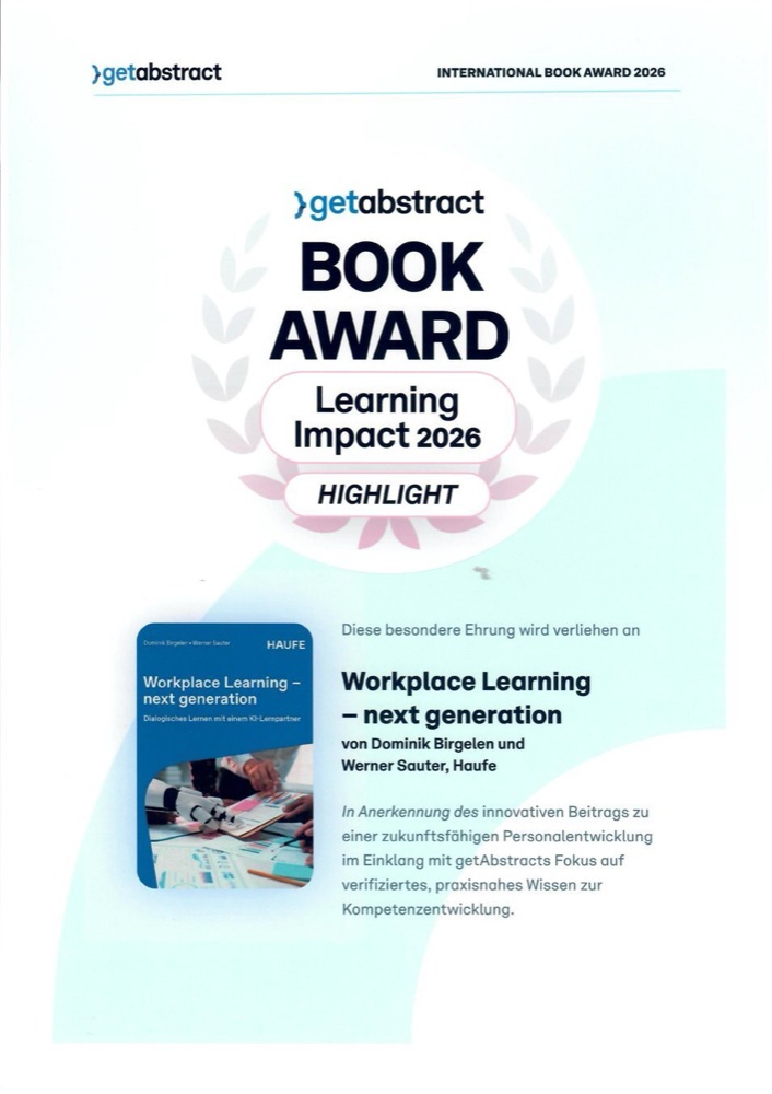 Urkunde: getAbstract Book Award – Learning Impact 2026, Highlight, für „Workplace Learning – next generation“ von Dominik Birgelen und Werner Sauter, Haufe.