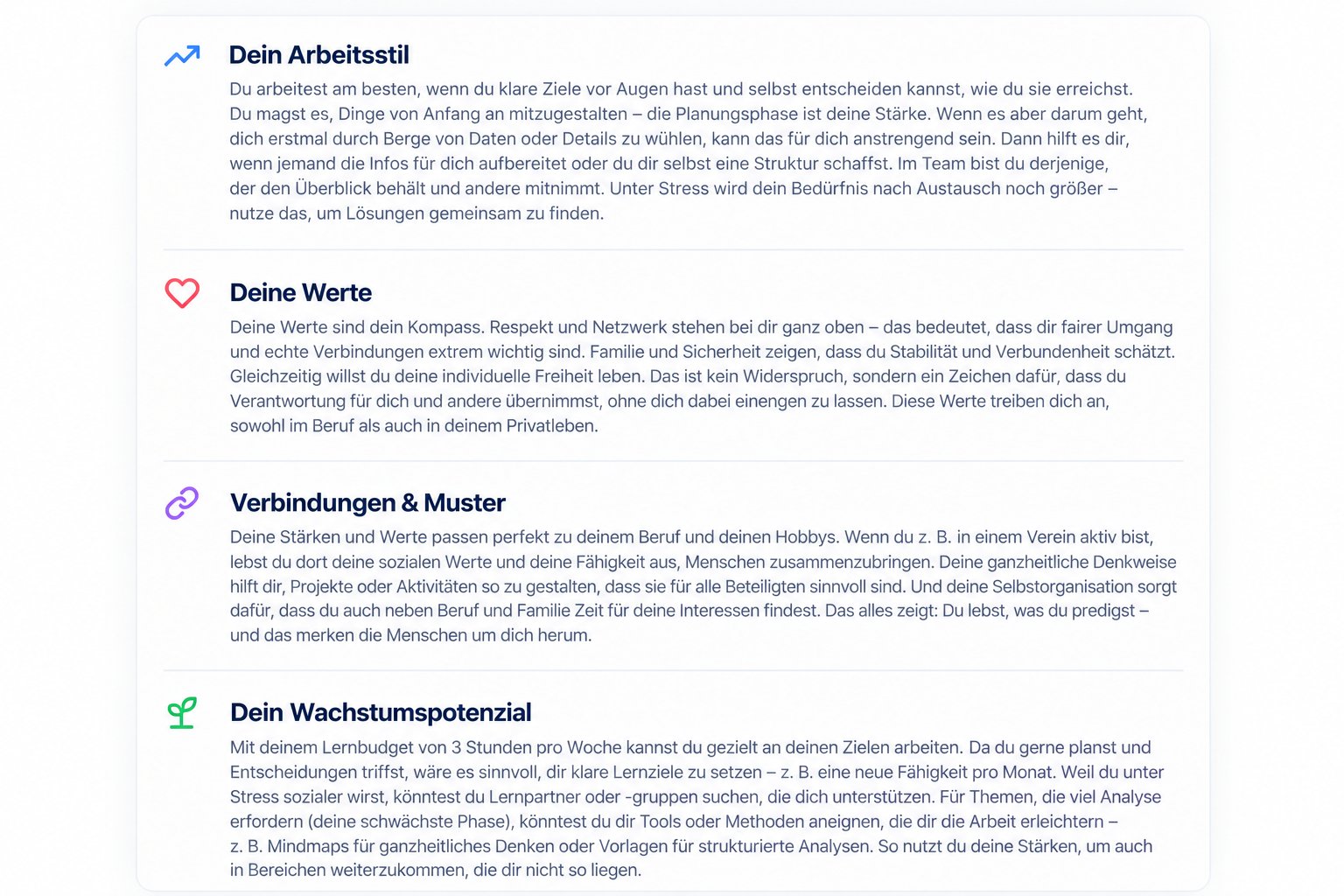 ValCom Diagnostics: KI-generiertes Werte- und Kompetenzprofil mit Arbeitsstil, Werten, Verbindungen & Mustern sowie Wachstumspotenzial