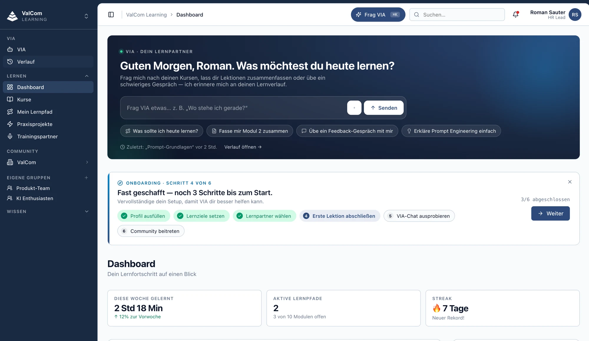 ValCom Learning Dashboard mit VIA als KI-Lernpartner und Lernfortschritt