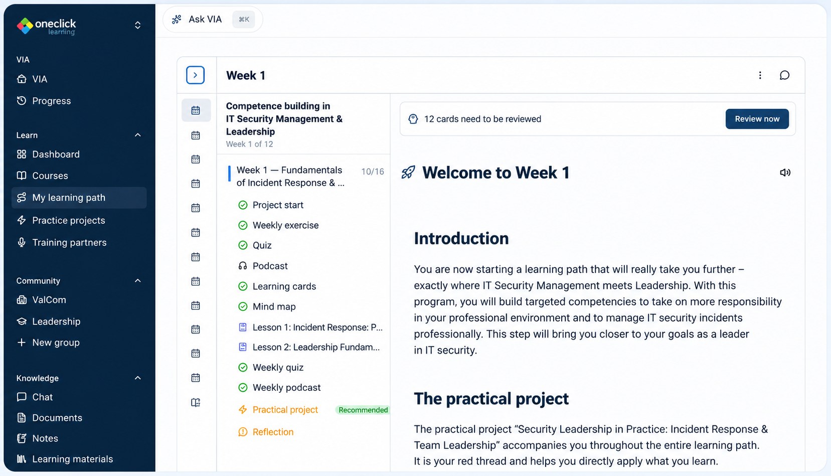 Generated learning path with weekly modules, quiz, podcast, flashcards and mind map