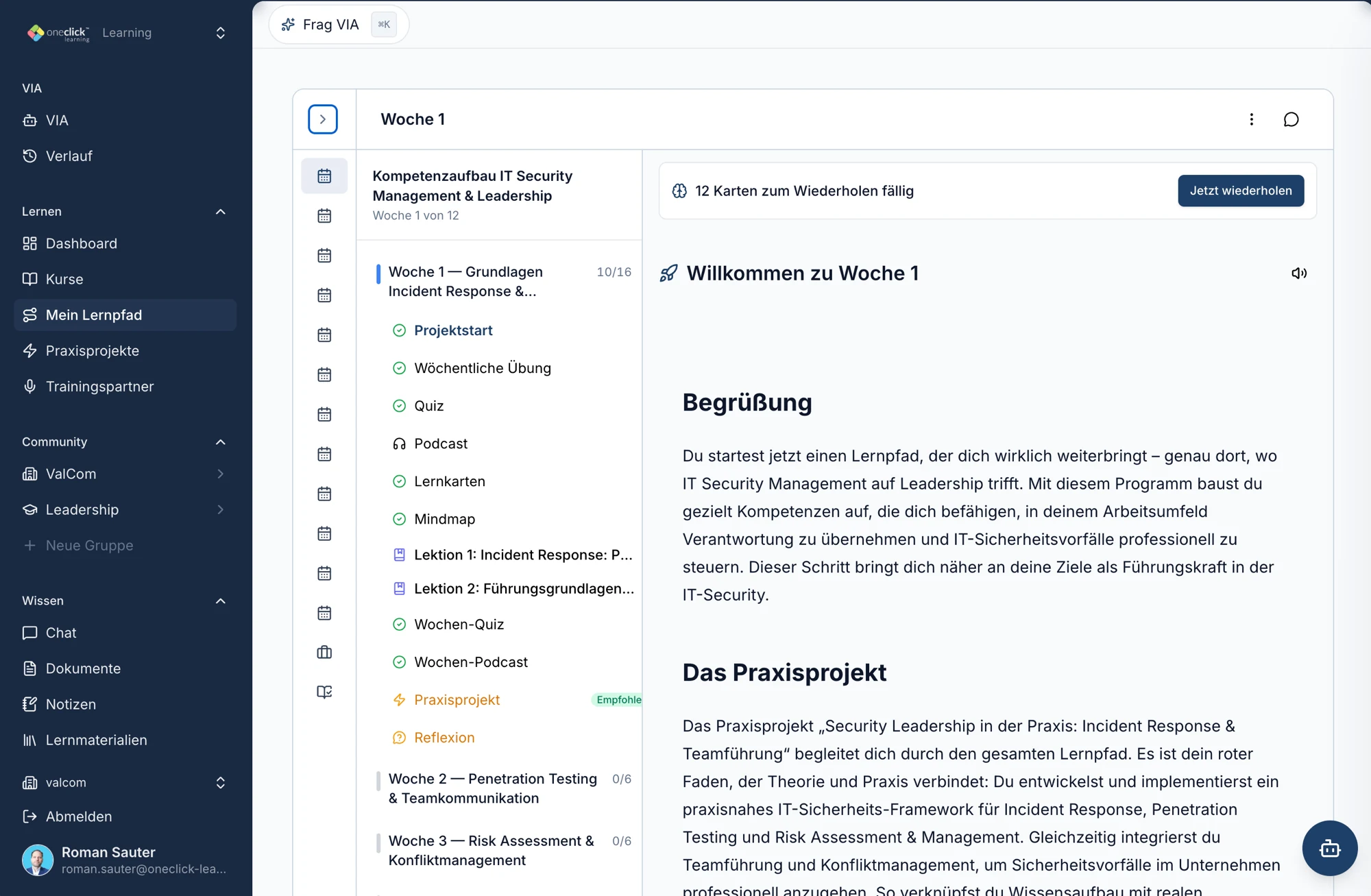 Generierter Lernpfad mit Wochenmodulen, Quiz, Podcast, Lernkarten und Mindmap