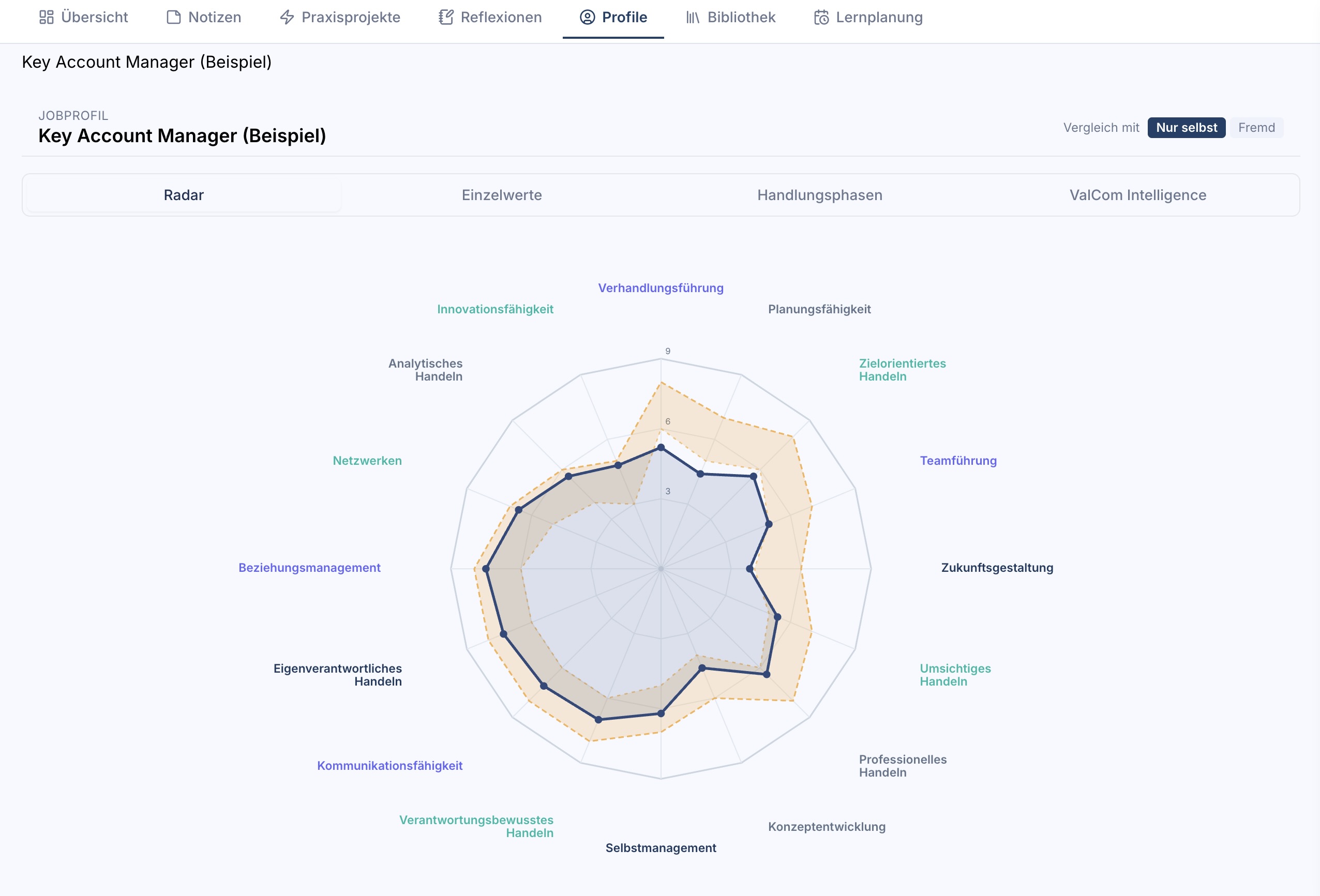 ValCom Diagnostics: Kompetenz-Radar eines Key-Account-Manager-Profils mit Soll-Werten und Selbsteinschätzung über alle Handlungsphasen